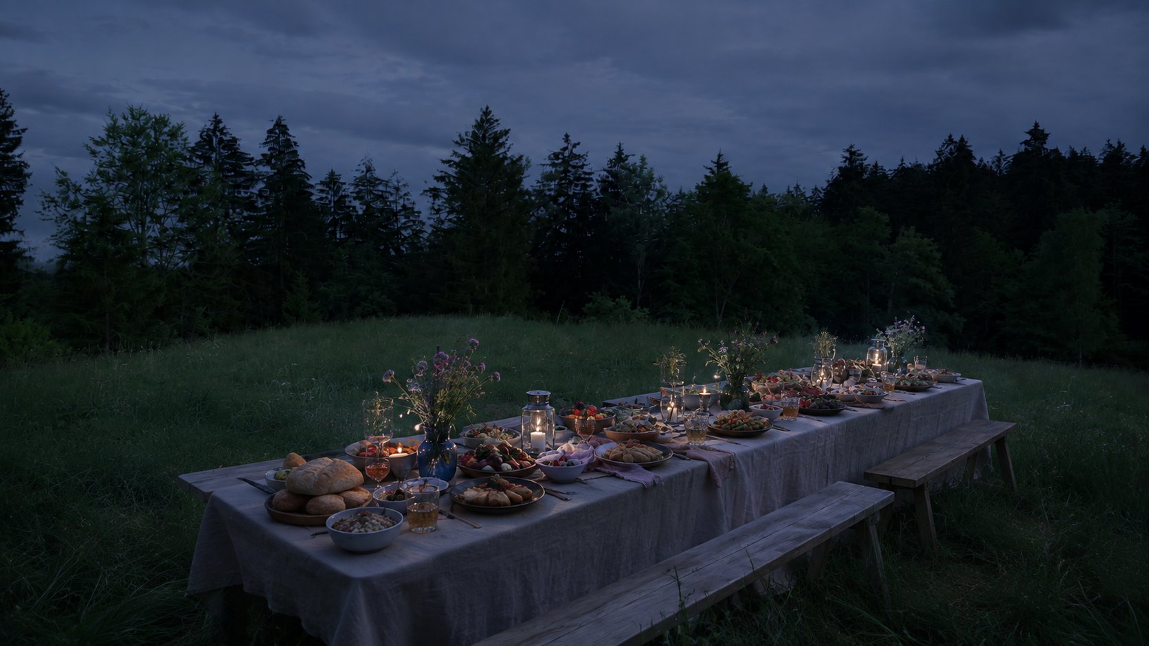 A long candlelit table set outdoors in a meadow at dusk, laid with plant-based dishes and wildflowers.